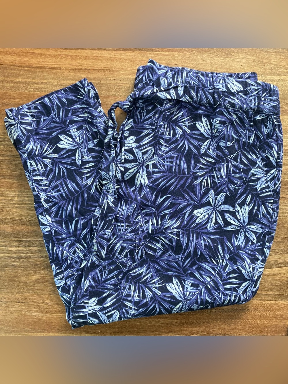 Land 'n Sea Navy Purple Tropical Leaf Print Linen Blend Tie Waist Pants